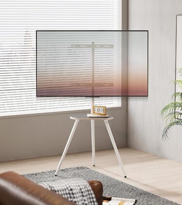 Настінна кріплення для телевізора 43-65 дюймів (LCD, LED, OLED) до 35 кг, регульована висота та поворотна, дерев'яна стійка з дерев'яним підносом, VESA 400x400 мм (білий глянц)