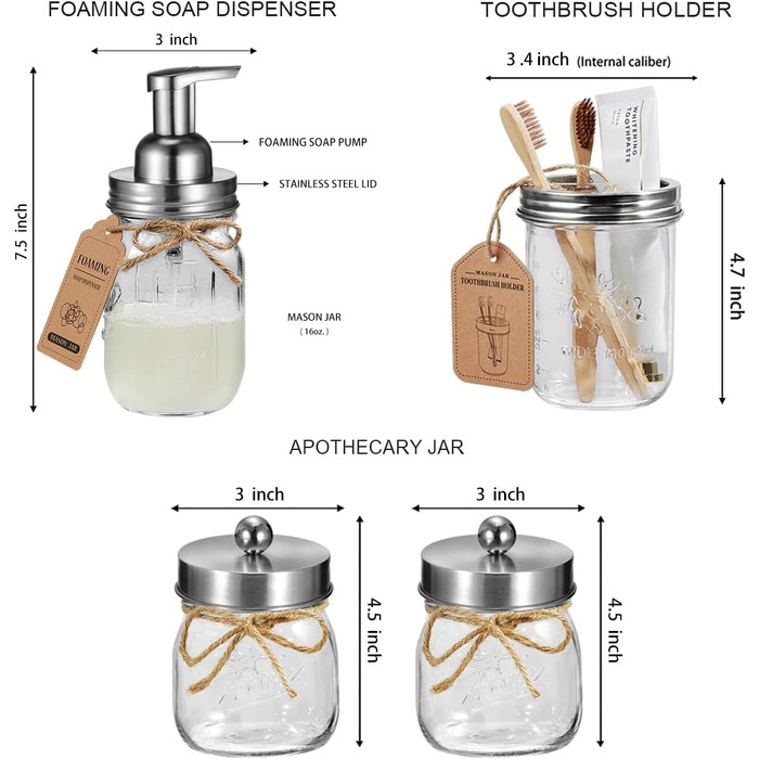 Набір для ванної кімнати Mason Jar (6 шт. ) - дозатор для мила, тримач для зубних щіток, тримач Qtip, органайзер - нікель