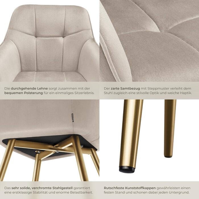 Крісло tectake® з велюровою оббивкою, сучасні кухонні стільці, зручний крісло для вітальні, стілець для їдальні, стілець для туалетного столика - (набір 1 шт, пудровий/золотий)