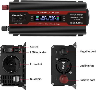 В/24 В 230 В Yinleader Інвертор 1000 Вт/2000 Вт Перетворювач напруги РК-дисплей з 1 розеткою DE 1 USB, 12