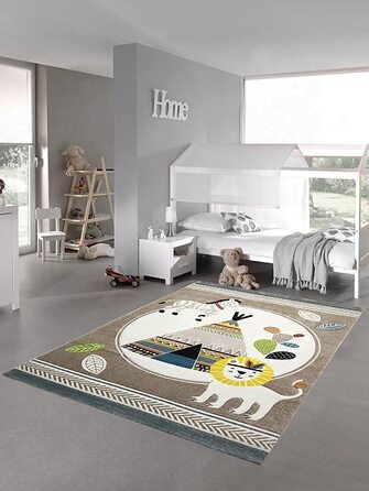 Килим-мрія для дитячої кімнати, килимок для ігор, Індіанський намет, лев, зебра, кактус, розмір (80x150 см, бежево-синій, кремово-коричневий)