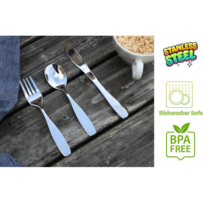 Набір дитячого столового прибору Exzact Edelstahl (12 шт.) - 4 виделки, 4 ножі, 4 ложки (Собака, Кіт, Заєць)