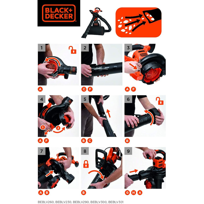 Black+Decker 3-в-1 електропристрій для прибирання листя BEBLV301 (3000 Вт) з подрібнювачем, решетом та мішком-рюкзаком 72л - висока швидкість видуву та регульована потужність всмоктування