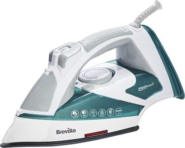 Праска Breville Powersteam 2600W з керамічною підошвою, 220г парового удару, вертикальним паровим струменем, автовимкнення, білий/блакитний