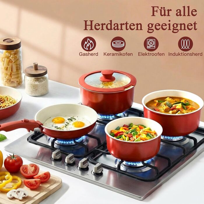 Набір посуду GiPP: 11 предметів, керамічне антипригарне покриття, знімні ручки, для всіх плит, духовка, червоний градієнт