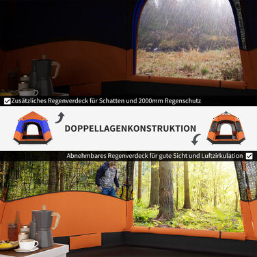 Outsunny Family Tent Quick-Up Tent Двостінний намет на 4-6 осіб, 4 сезони, водонепроникний, з москітною сіткою, 2 двері