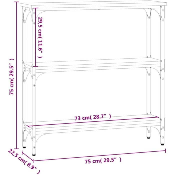 Консольний стіл FENLAX 100x22.5x75 см, вузький, з полицями, копчений дуб, матеріал на основі дерева та метал