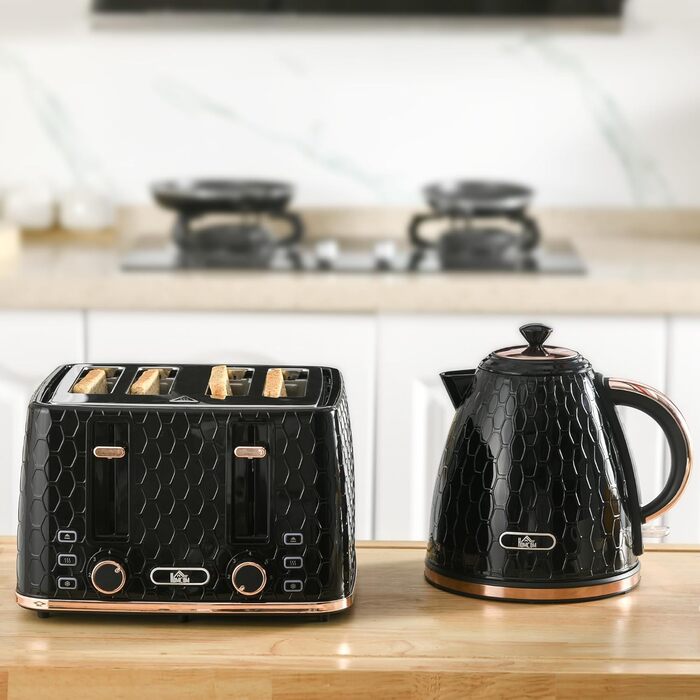 Набір тостер та чайник HOMCOM 1,7L, 4 тости, 7 рівнів підсмажування, автоматичне відключення, розморожування, підігрів, з підсвічуванням, чорний