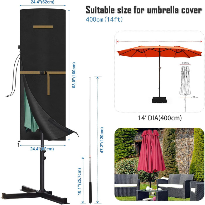 Захисний чохол для двостороннього парасоля VANSHEIM до Ø 400 см. Водонепроникний, захист від УФ, для парасолів-маркіз. Розмір 460x270 см.