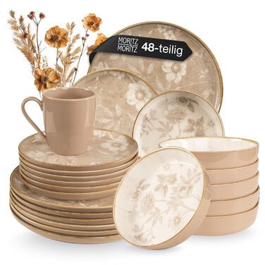 Набір посуду Moritz & Moritz MARIELLA Steingut 48 предметів для 12 осіб - Сучасний сервіз з кераміки бежевого кольору з вишуканим дизайном, легкий у догляді, включає тарілки, чашки, миски та інше.