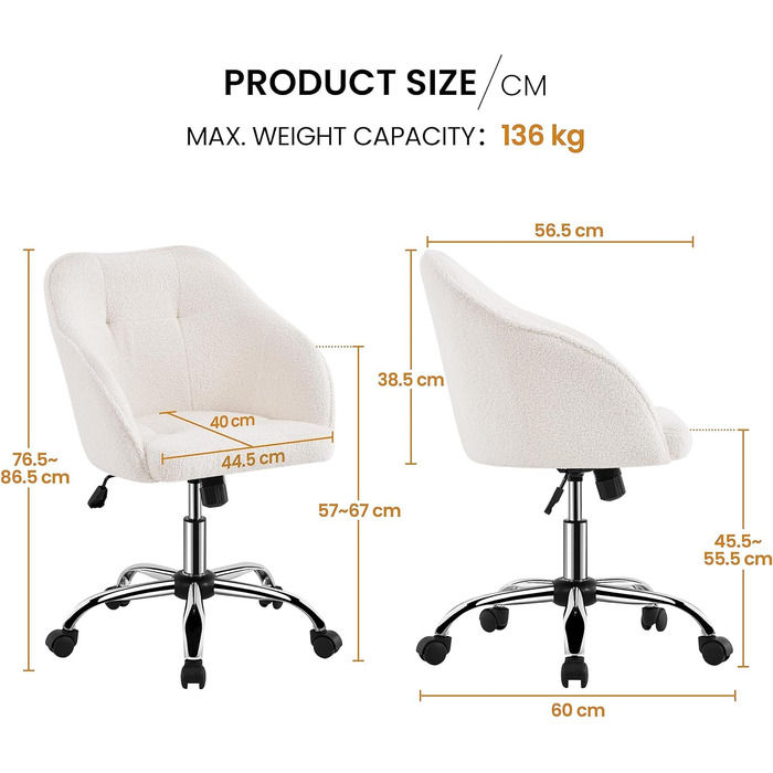 Крісло Yaheetech для дому та офісу: пуф для макіяжу, регульоване по висоті, поворотне, оксамитове, для робочого кабінету, спальні, дихаюче, на коліщатках, до 136 кг, слонова кістка