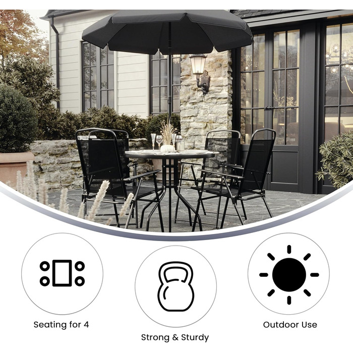 Садовий набір меблів Flash Furniture Nantucket 6 предметів коричневий: стіл, парасоля та 4 складані стільці (чорні)