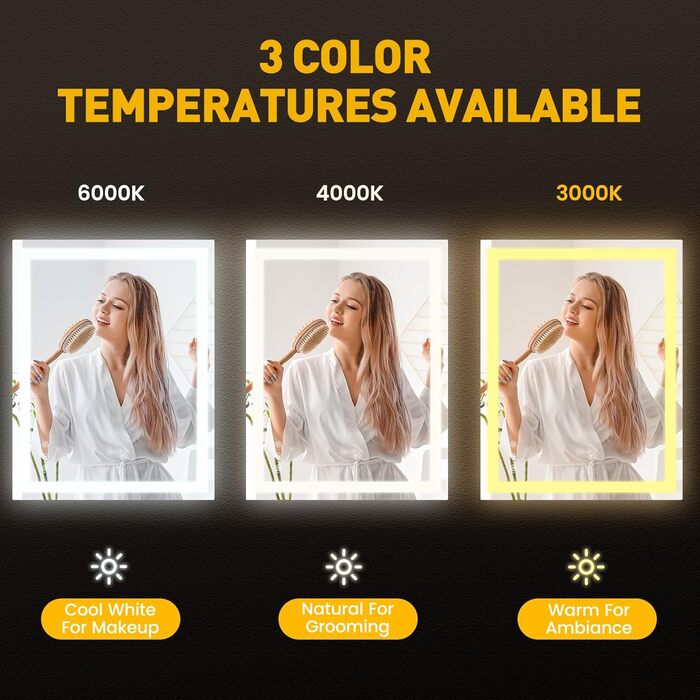 Дзеркало для ванної кімнати YOLEO з підсвічуванням 90x70 см, LED дзеркало з переднім та заднім освітленням, дзеркало з пам'яттю, 3 регульовані кольори світла, антизапарник 90x70 см