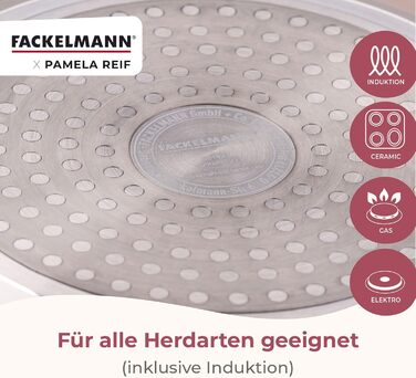Набір сковорідок Fackelmann x Pamela Reif 3 шт. (20, 24, 28 см) – з переробленого алюмінію, бежевий, керамічне покриття без PFAS, стійке до 160°C, для всіх типів плит