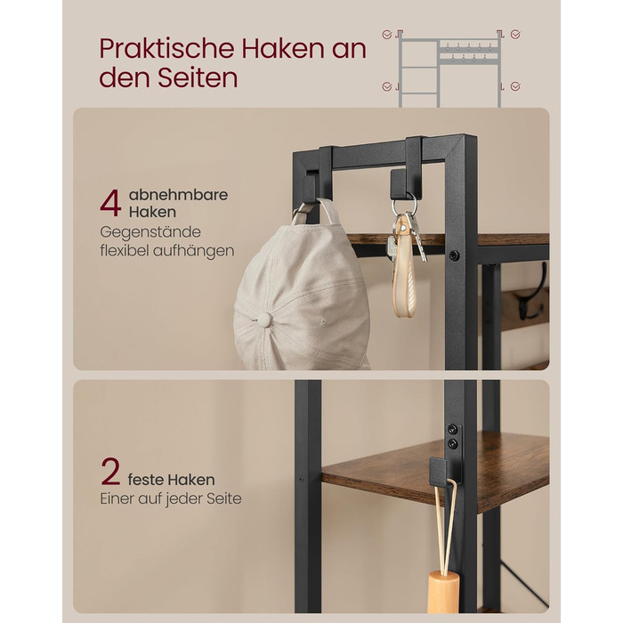 Стійка для одягу VASAGLE з полицею для взуття, 5 полиць, 9 тричі-гачків, 6 бічних гачків, 40 x 120 x 190 см, вінтажний коричневий + чорний, HSR426B01