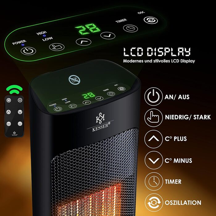 Обігрівач KESSER® 2000W з пульт дистанційного керування, керамічний, тихий, з осциляцією, таймером, 15-30°C, чорний