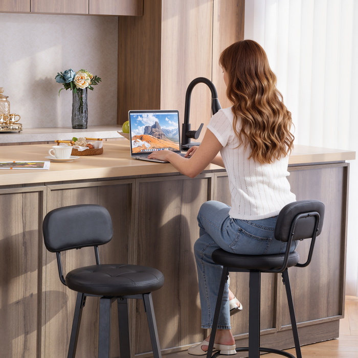 Набір з 2 барних стільців, оббивка з штучної шкіри, м'яке сидіння, підніжка, спинка, металевий каркас, чорний