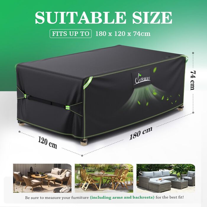 Чохол для садово-патіо меблів UIRWAY 180x120x74 см, водовідштовхуючий, 420D Oxford, з вентиляційними отворами та світловідбиваючими смугами