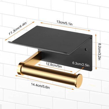 Тримач для туалетного паперу, настінне кріплення для ванної кімнати з полицею для зберігання, самоклеючий матеріал 3 м, Алюміній (чорне золото)