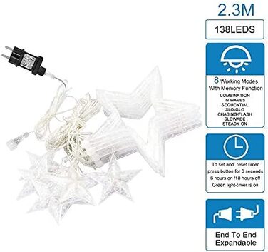 Зіркових світлодіодних струнних світильників, 138 світлодіодів, 8 режимів, для Різдва, вечірки, весілля, саду, балкона, 12