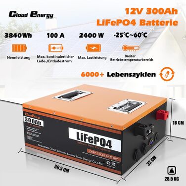 Акумулятор LiFePO4 Cloudenergy 12,8 В 300 Ач, 100 А BMS, 6000 циклів, 10 років, для автономної мережі, дому, автофургону, сонячної батареї