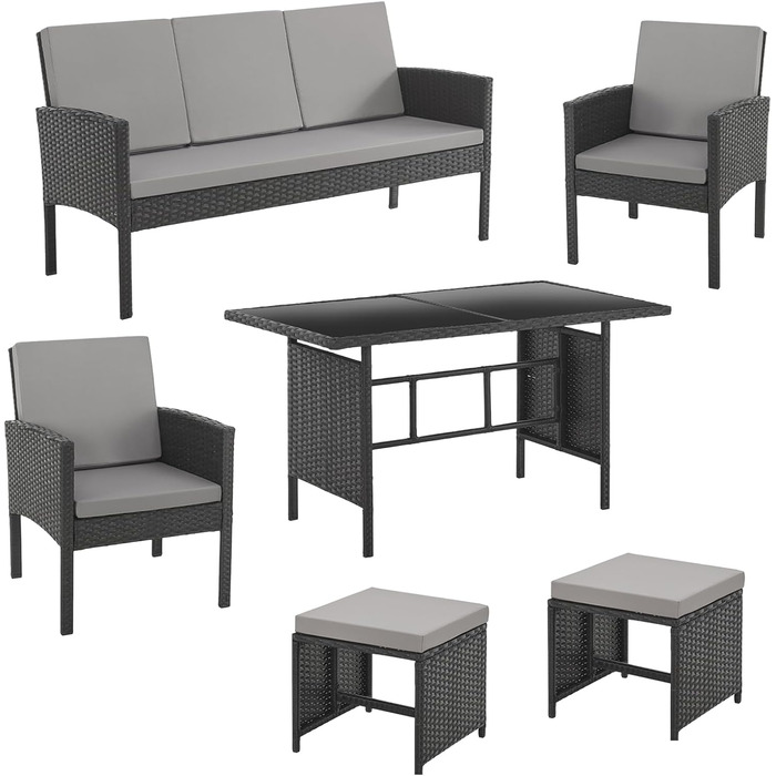 Садовий набір меблів SVITA Denver з поліротангу 4 предмети: 2 крісла, диван на 2 місця, стіл - чорний, сталевий каркас, водостійкий PE-ротанг, подушки