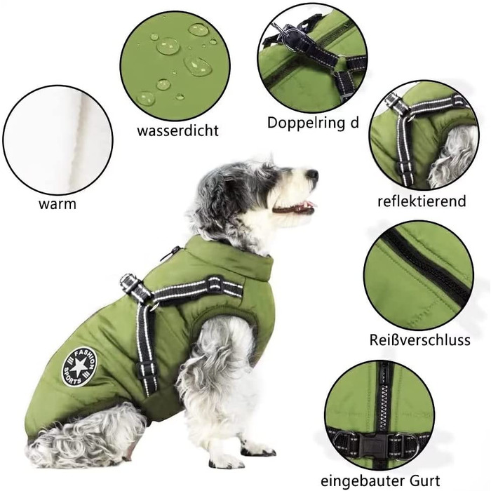 Зимовий жилет Voarge Dog Jacket, водонепроникний, світловідбиваючий, зі шлейкою, XL Green