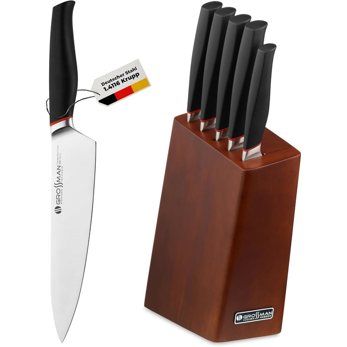 Набір кухонних ножів Grossman Bryant Messerblock 5-piece – набір з 5 ножів з нержавіючої сталі, чорні ручки, підставка з дерева, колір мідно-коричневий, антиковзне покриття