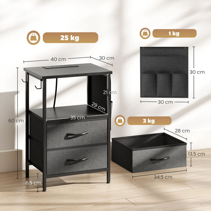 Журнальний столик-приліжкові з підзарядною станцією, сталевий каркас, USB-C порти, ящики, гачки, розміри 40x30x60 см, чорний