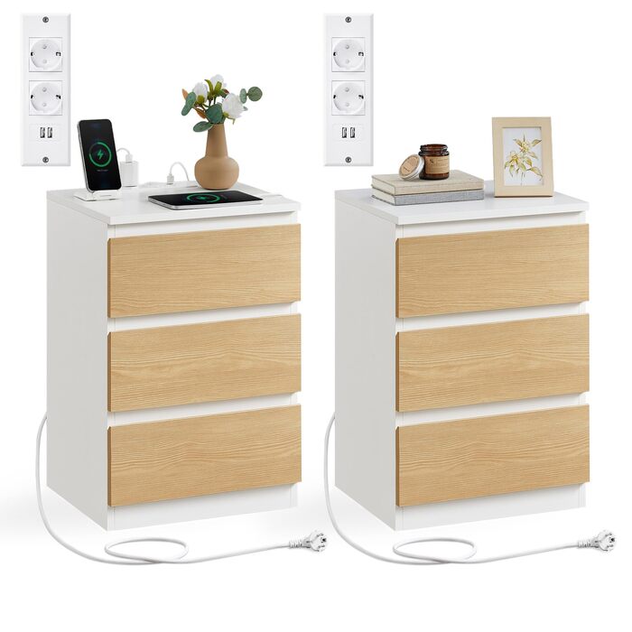 Приліжкова тумбочка VASAGLE Kailyn з розетками та USB-портами, 3 висувні ящики, сучасний дизайн, сіро-коричневий колір, LET831G01