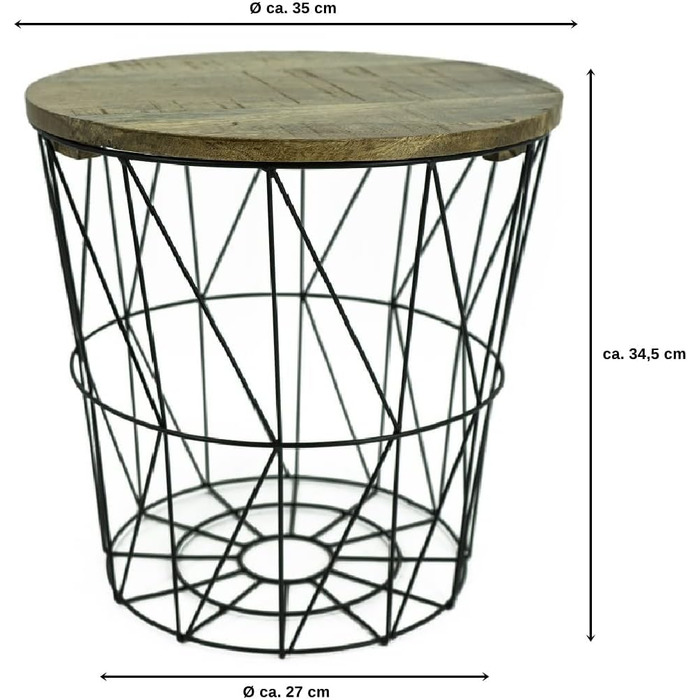Набір з 3 металевих кошиків Бічний столик чорний - Сучасний металевий і дерев'яний стіл для вітальні - Дротяний кошик з кришкою - Круглий кошик для зберігання Журнальний столик у 3 розмірах - Стіл для вітальні (Кошик для журнального столу на 3 місця, чорн