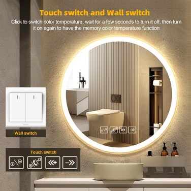 Круглий дзеркало для ванної кімнати з підсвічуванням, 60 см, LED, Bluetooth, сенсорне управління, регулювання кольору (3000K-6500K), диммування, HD-загартоване скло, 600x600 мм