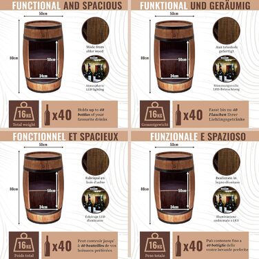 Дерев'яний бар з полицями для вина CREATIVE COOPER Fass - LED підсвітка, 80x50 см, стилістика рустік