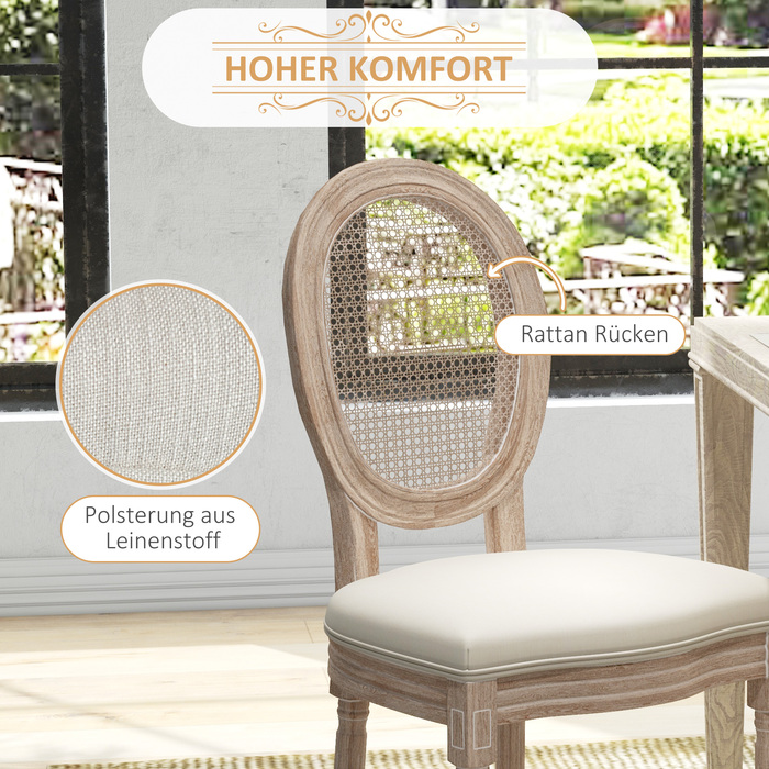 Стільці для обідньої зони HOMCOM (набір 2 шт.) кухонні стільці зі спинкою, з виглядом льону та ротангу, дерев'яні ніжки, кремово-білий колір | Aosom
