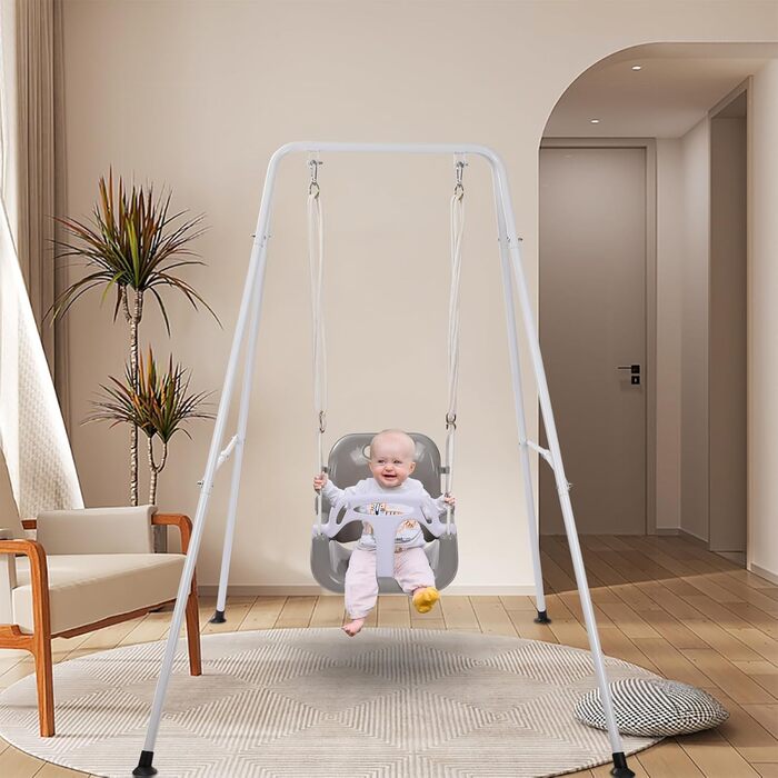 Дитяча гойдалка-шезлонґ 3-в-1 для дому та вулиці з металевим каркасом, сіра. Підходить для дітей від 6 місяців до 10 років