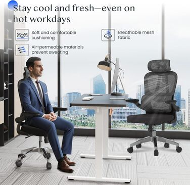 Крісло офісне ергономічне FLEXISPOT з 2D-підголівником, відкидними підлокітниками та динамічною поперековою підтримкою, з функцією гойдання 120°, для дому, офісу та робочого кабінету (чорне), 51 x 73 x 115 см