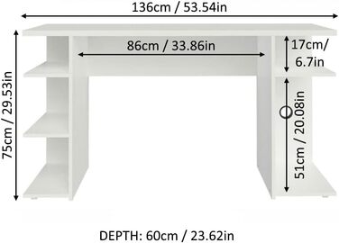 Ігровий комп'ютерний стіл Madesa, Письмовий стіл, Стіл для ПК, Офісний стіл з 5 полицями, 136x60x75 см, Дерево, Білий