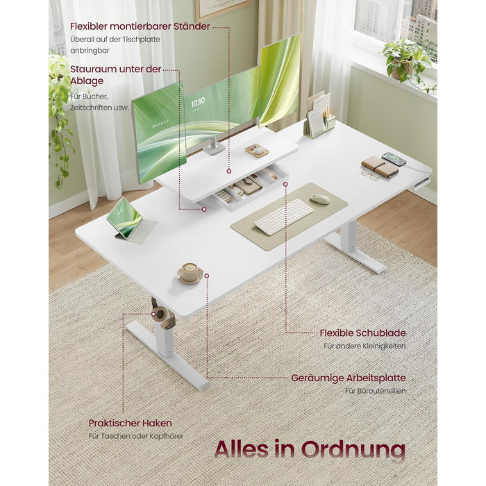 VASAGLE Регульований стіл, моніторний підставка, ящик, USB-C, нагадування про сидячий спосіб життя, для офісу, 140 x 70 см, Wolkenweiß