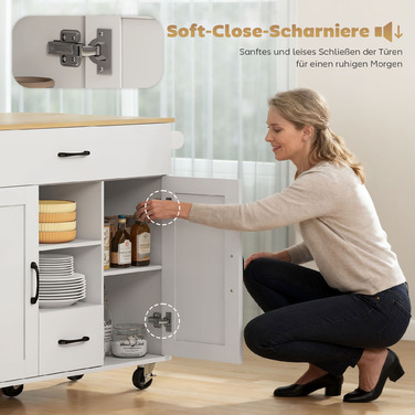 Кухонний острів на коліщатках з розкладним робочим столом, фасади з м'яким закриванням, висувні ящики, тримач для рушників, МДФ, білий