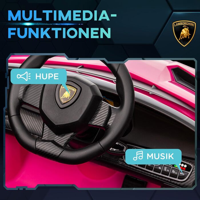 Дитячий електромобіль HOMCOM Lamborghini Veneno 12V з Bluetooth, музикою, пультом ДУ, для дітей 3-6 років, рожевий