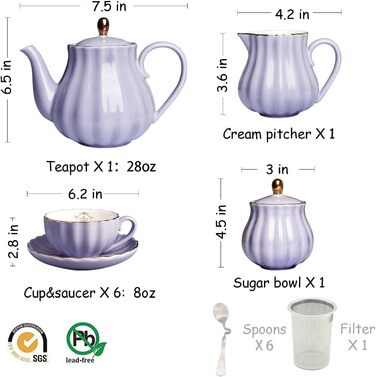 Чайний сервіс Sweejar Home Porzellan British Royal, 6 персон, з чайником, цукорницею, ложками та ситечком, для High Tea (FloralD), фіолетові чашки