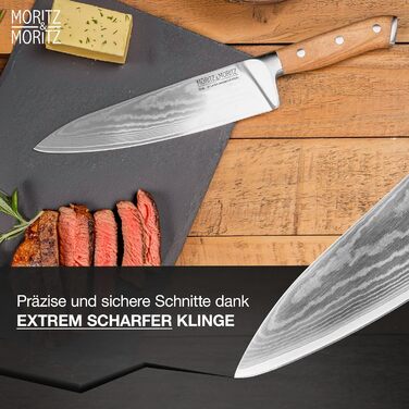 Ніж кухарський Moritz & Moritz Damastmesser 20 см - професійний ніж з дамаської сталі 67 шарів - кухонний ніж з ергономічною ручкою з акації