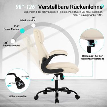 Офісний крісло Colamy: ергономічне, з високою спинкою, регульовані підлокітники, шкіряне покриття (слонова кістка)