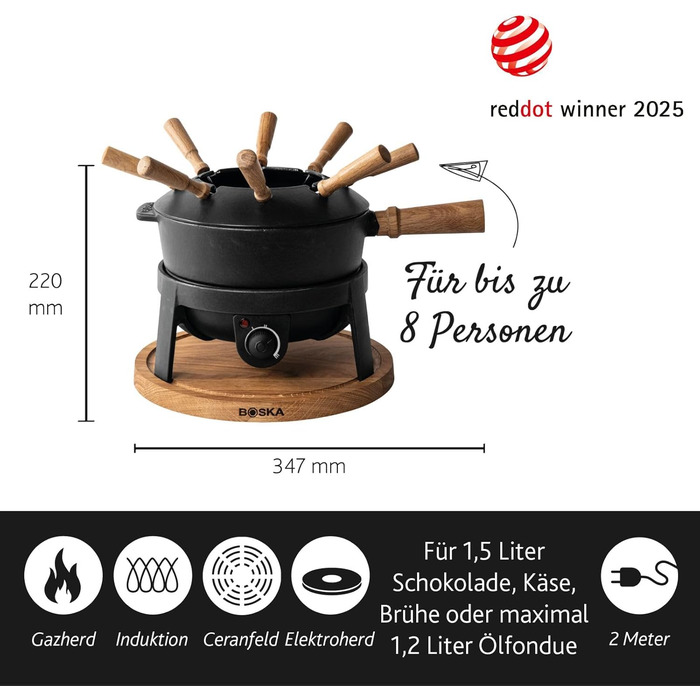 Електричний Фондю-сет Boska 2.3L з регулюванням температури - для сиру, шоколаду, гарячого супу та м'яса (з нержавіючої сталі та чавуну)