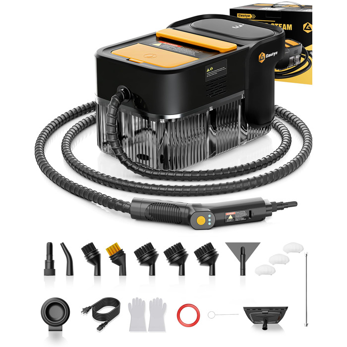 Пароочисник Gautye 3-рівневий регульований руків'я, нагрів за 10 секунд, бак 2L, 18 насадок, для кухні, ванної, підлоги, авто, вікон, чорний