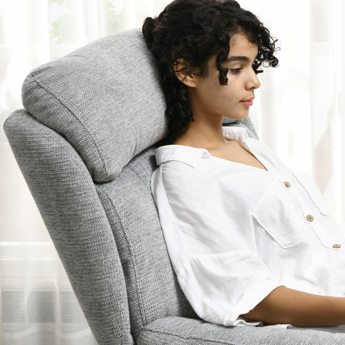 Крісло-реклайнер, поворот на 360 градусів, оксамитова тканина, вбудовані підлокітники, сталеві ніжки, сірий, чорний