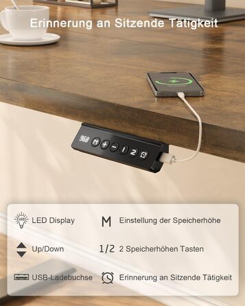 Електричний стіл JUMMICO 100x60 см з USB-портом для зарядки, регулювання висоти, коричневий