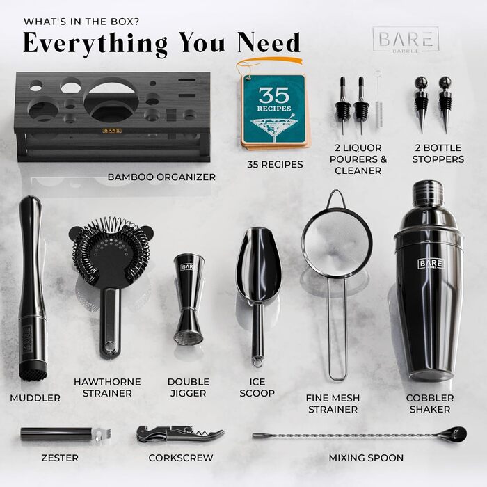 Набір бармена BARE BARREL® Mixology: 16 предметів для приготування коктейлів | Шейкер, барне аксесуар, інструменти для дому | 35 рецептів + подарунковий набір (680.4 г Cobbler Shaker)