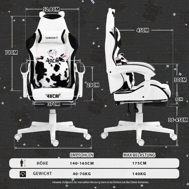 Ігровий крісло з милою формою та подушкою Каваї, ергономічний комп'ютерний ігровий стілець для дівчат з підтримкою попереку та підставкою для ніг, зручне відкидне крісло для підлітків (чорно-білий)