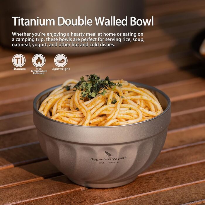 iBasingo Титанові миски з подвійними стінками 500мл та 800мл для каші, їжі, рису, супу. Легкі, портативні, металеві миски для кемпінгу та відпочинку на природі. (500ML Ti1168T)